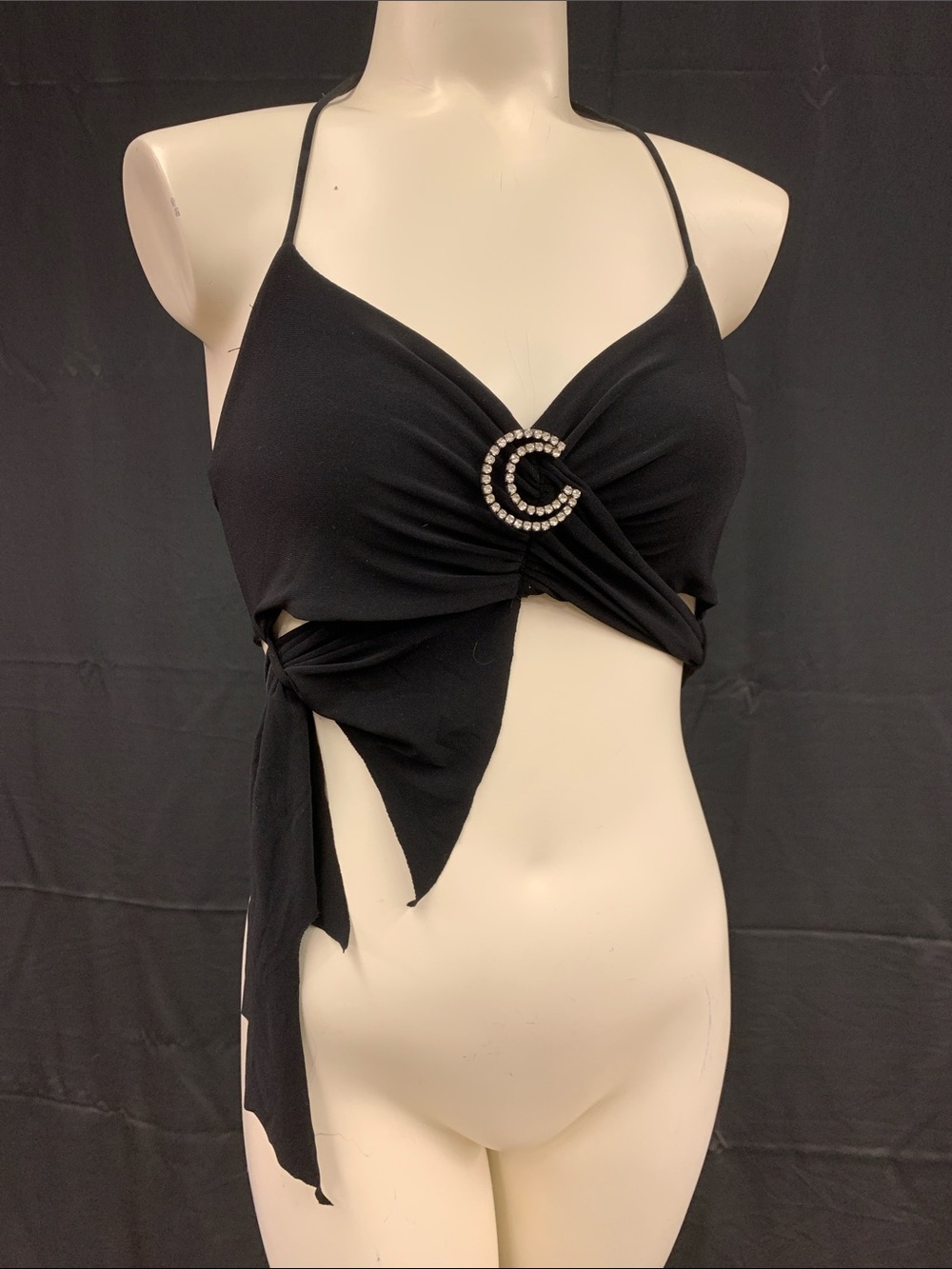 Unique Sexy Black Asymmetrical Black Halter Top Tie Back with Brooch Small